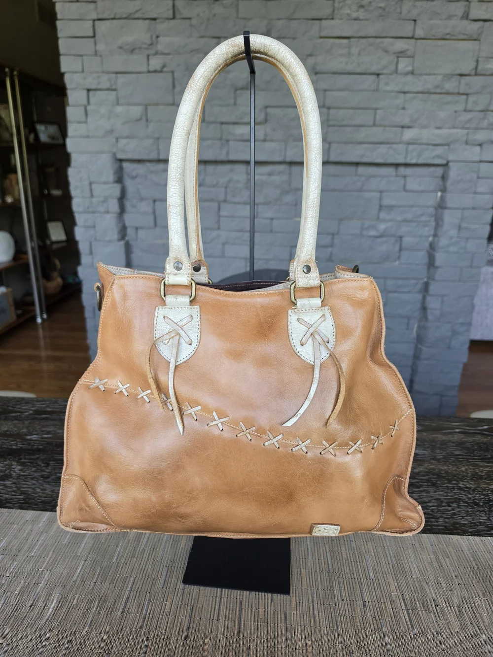Bed Stu Bruna Leather Handbag in Tan with Cream Handles